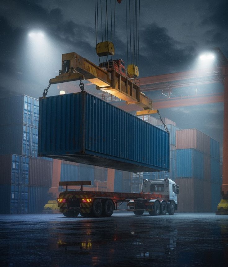 Shipping container being loaded onto a truck