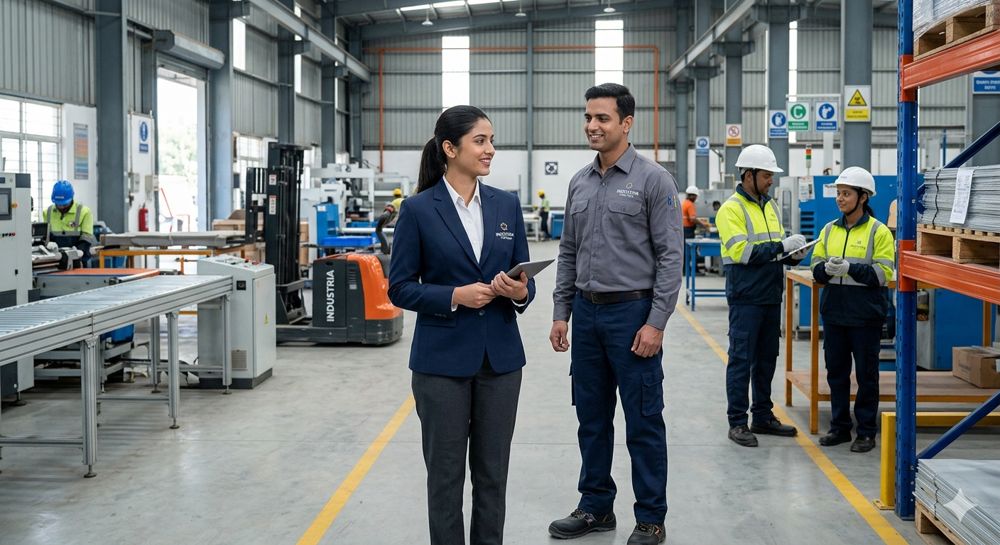 Team in uniforms on a factory floor